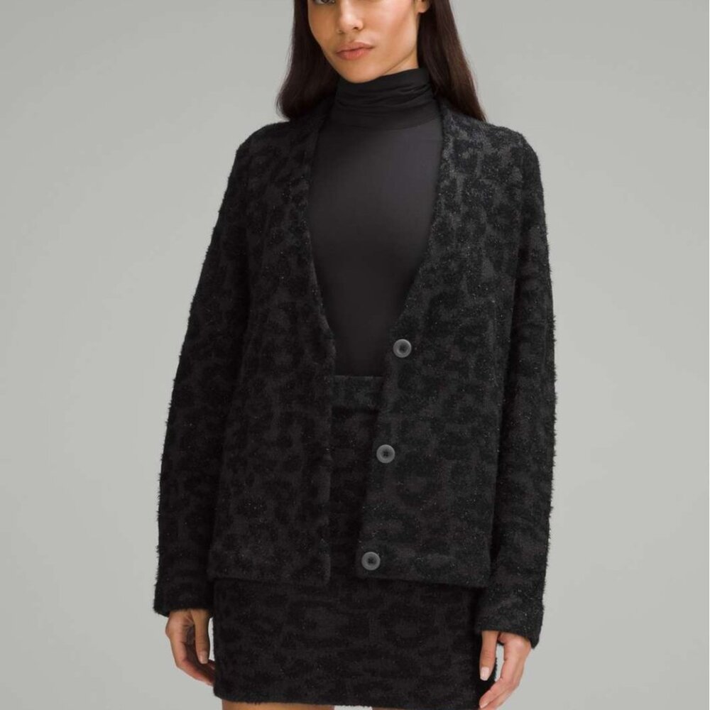 Lululemon Jacquard Cardigan Knit Leopard Graphite Grey Black Merino Wool XS - Picture 11 of 11